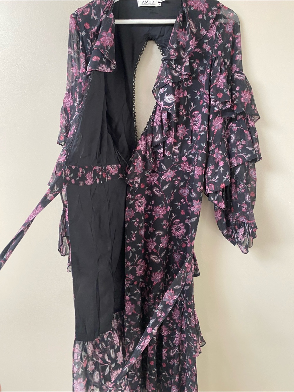 Amur Black Pink Floral Organic Silk Ruffled Dress Size 8 - Picture 6 of 10